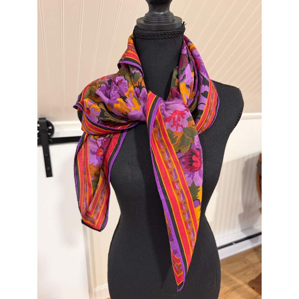 Vintage 1980s Ellen Tracy Silk Scarf Large Square Purple Pink Dark Floral Earthy